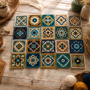 May include: A collection of twenty square crochet motifs arranged in a grid, each featuring a detailed floral mandala pattern in shades of blue, teal, mustard yellow, and cream, crafted with intricate yarn stitches and a textured finish.