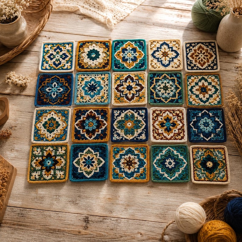 May include: A collection of twenty square crochet motifs arranged in a grid, each featuring a detailed floral mandala pattern in shades of blue, teal, mustard yellow, and cream, crafted with intricate yarn stitches and a textured finish.