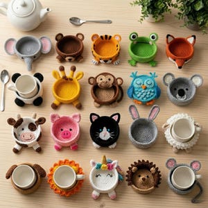 Può includere: Una collezione di sottobicchieri all'uncinetto fatti a mano con vari disegni di animali, tra cui elefante, orso, tigre, rana, volpe, panda, giraffa, scimmia, gufo, koala, mucca, maiale, gatto, coniglio, pecora, cane, leone, unicorno, riccio e topo.