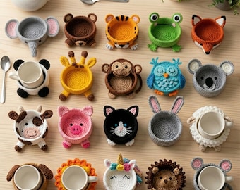 20 Animal Crochet Coaster Patterns PDF | Beginner Friendly | Elephant Bear Tiger Panda Unicorn Fox Frog | Easy Amigurumi Coasters Bundle