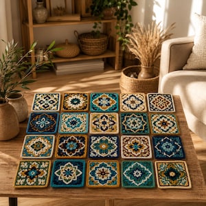 May include: A collection of twenty square crochet coasters arranged in a grid on a wooden table. Each coaster features a detailed, multi-colored floral mandala pattern in shades of deep blue, teal, mustard yellow, cream, and brown yarn.