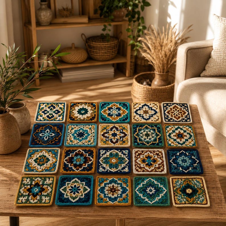 May include: A collection of twenty square crochet coasters arranged in a grid on a wooden table. Each coaster features a detailed, multi-colored floral mandala pattern in shades of deep blue, teal, mustard yellow, cream, and brown yarn.