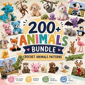 May include: A collection of crochet animal patterns, including a blue dragon, a monkey, a dog, a sloth, a turtle, an octopus, a unicorn, a cow, a bat, a penguin, a rhino, a flamingo, a kangaroo, a crocodile, a duck, an elephant, a dinosaur, an otter, an axolotl, a snail, a bear, a goose, and a deer. The image includes the text "200+ ANIMALS BUNDLE CROCHET ANIMALS PATTERNS".