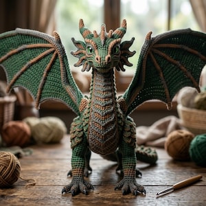 Puede incluir: Un dragón de ganchillo hecho a mano en tonos verdes y marrones, con alas detalladas y un cuerpo texturizado. El dragón tiene ojos verdes y está posado sobre una superficie de madera. Un ganchillo y ovillos de lana en el fondo.