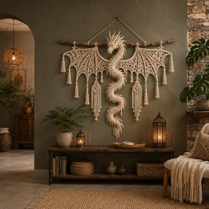 Könnte beinhalten: Beige Makramee-Drachen-Wandbehang mit ausgebreiteten Flügeln, montiert an einem Naturholzast. Der Drache hat einen detaillierten Kopf und einen langen, gewundenen Körper. Die Flügel sind aufwendig geknotet, mit dekorativen Quasten.