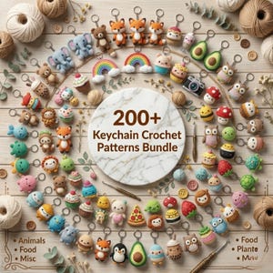 May include: A collection of colorful crochet keychain patterns, including animals, food items, and miscellaneous designs. The image features a variety of small, handmade items, such as foxes, bears, avocados, and cupcakes, all attached to keychains. The text reads "200+ Keychain Crochet Patterns Bundle."