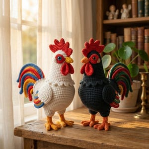 May include: Two crochet rooster figurines. One is white with a red comb, wattle, and yellow beak and feet. The other is black with a red comb, wattle, and orange beak and feet. Both have colorful tail feathers.
