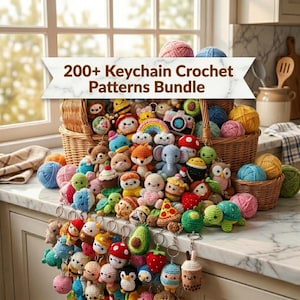 May include: A collection of colorful, handmade crochet keychain patterns, including animals, food items, and other whimsical designs. The image features a variety of finished keychains, displayed in baskets and on a countertop, with the text "200+ Keychain Crochet Patterns Bundle".
