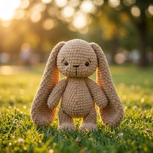 Könnte beinhalten: Ein handgefertigtes, beigefarbenes Häschen aus Häkelarbeit mit langen, schlaffen Ohren, das in einem grasbewachsenen Feld steht. Das Häschen hat kleine schwarze Augen und eine aufgestickte Nase und Mund. Der Hintergrund ist mit Sonnenlicht verschwommen.