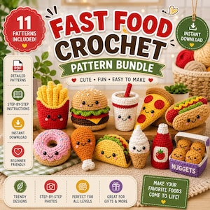 Könnte beinhalten: Ein digitales Musterpaket mit dem Titel FAST FOOD CROCHET, das 11 Häkeldesigns enthält, darunter einen Burger, Pommes, Pizza, Taco, Donut, Hähnchenschenkel, Eiscreme, Ketchup und Nuggets, die alle mit lächelnden Gesichtern dargestellt sind.