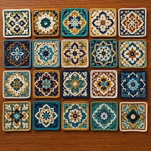 May include: A collection of twenty square crochet motifs arranged in a grid. Each motif features a central floral-inspired pattern worked in various combinations of teal, navy blue, mustard yellow, cream, and white yarn with intricate stitching.