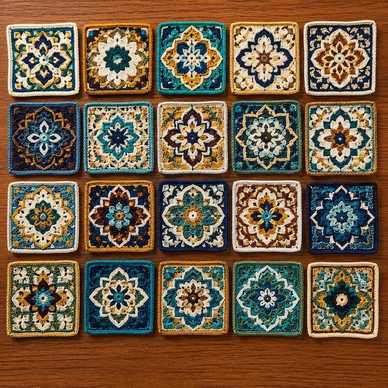 May include: A collection of twenty square crochet motifs arranged in a grid. Each motif features a central floral-inspired pattern worked in various combinations of teal, navy blue, mustard yellow, cream, and white yarn with intricate stitching.