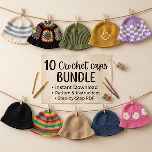 Puede incluir: Una colección de diez gorros de ganchillo coloridos, incluido uno con un diseño de carita sonriente, se exhiben en una cuerda de tender. Los gorros son de varios colores y patrones. Un letrero dice "10 Crochet caps BUNDLE".
