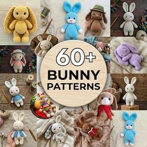 Puede incluir: Una colección de patrones de crochet de conejos. La imagen presenta varios juguetes de conejos hechos a mano en diferentes colores y estilos, incluyendo amarillo, azul, marrón y blanco. El texto "60+ BUNNY PATTERNS" se muestra en un círculo de madera.