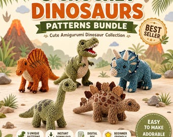Bundel met 5 haakpatronen voor dinosaurussen, T-Rex, Triceratops en Stegosaurus (PDF), Amigurumi Dino-handleiding (digitale download)