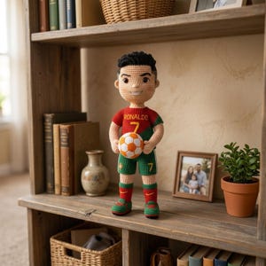 May include: A crochet doll of a soccer player with dark hair, wearing a red and green jersey with the name RONALDO and the number 7 printed on the front. The doll holds a white and orange soccer ball and wears matching red and green shorts and socks.
