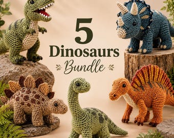 Paquete de patrones de dinosaurios a crochet, paquete PDF de amigurumi de dinosaurios 5 en 1, tutorial de peluche prehistórico, patrón de preparación para el mercado de artesanías de T-Rex y Stegosaurus
