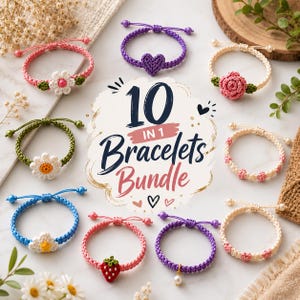 Puede incluir: Una colección de diez pulseras hechas a mano en varios colores, incluyendo rosa, morado, verde y azul. Cada pulsera presenta diseños únicos de ganchillo, como flores, corazones y fresas. El texto "10 in 1 Bracelets Bundle" se muestra en el centro.