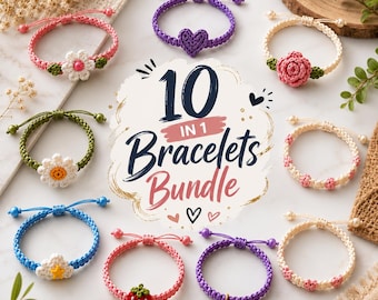 Pacchetto PDF con 10 modelli per braccialetti all'uncinetto in 1 — Tutorial per braccialetti macramè, download immediato, adatto ai principianti, tutorial passo passo per la creazione di gioielli.