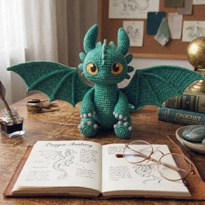 May include: A handcrafted, teal crochet dragon with large, expressive yellow eyes and outstretched wings. The dragon sits on a wooden surface next to an open book titled "Dragon Anatomy" and a pair of round eyeglasses. A vintage inkwell and books are also visible.