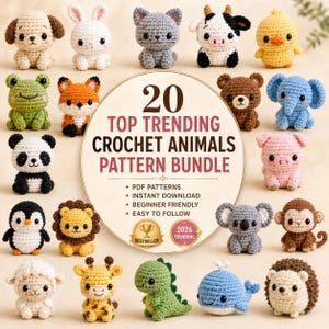 May include: A collection of twenty small crocheted animal figures including a dog, rabbit, cat, cow, chick, frog, fox, bear, elephant, panda, pig, penguin, lion, koala, monkey, sheep, giraffe, dinosaur, whale, and hedgehog surrounding a central sign.