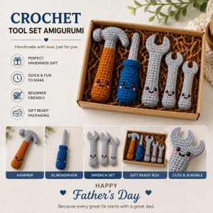 May include: A crochet tool set amigurumi featuring a hammer with a brown handle, a blue screwdriver, and three grey wrenches of varying sizes. Each tool has a smiling face with black eyes and pink cheeks, presented in a brown cardboard gift box.