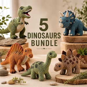 May include: A collection of five crocheted dinosaur figures in various colors, including green, orange, and blue. The text "5 DINOSAURS BUNDLE" is displayed in the center. The dinosaurs are displayed on wooden platforms.