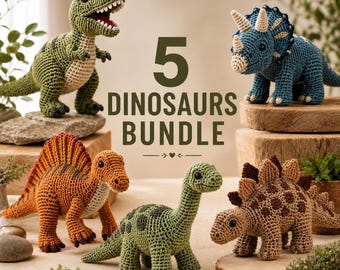 5 in 1 Dinosaurier Häkelanleitung, häkeln T-Rex Triceratops Stegosaurus PDF, Amigurumi Dino Anleitung, Dschungel Kinderzimmer Spielzeug Tutorial