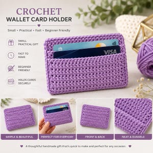 May include: A rectangular lavender crochet wallet card holder with a textured stitch pattern. The holder features a single slot containing two credit cards. The text CROCHET WALLET CARD HOLDER is visible above the item, along with icons and text describing the item as small, practical, fast, and beginner friendly.