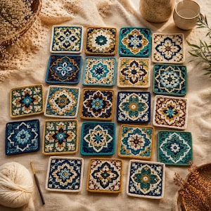 May include: A collection of twenty square crochet motifs featuring intricate floral and geometric patterns in shades of blue, teal, yellow, and cream. Each piece displays a unique arrangement of stitches, arranged in a grid on a neutral fabric.