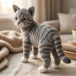 Puede incluir: Figura de gato de ganchillo hecha a mano en tonos grises y blancos. El gato tiene rayas detalladas, patas blancas y ojos color ámbar. La figura está sobre una superficie de color neutro, mostrando la artesanía del ganchillo.