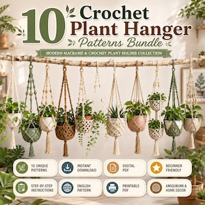 10 Crochet Plant Hanger Patterns Bundle | Boho Macrame Style Crochet PDF