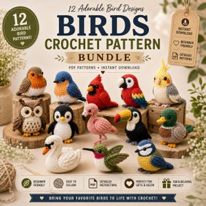 Puede incluir: Un paquete digital de 12 patrones de ganchillo de aves que incluye un petirrojo, azulejo, cardenal, loro, cacatúa, búho, pingüino, flamenco, tucán, ánade real, cisne, colibrí y herrerillo. El texto dice 12 Adorable Bird Designs Birds Crochet Pattern Bundle.
