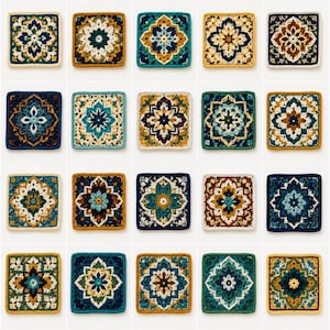 May include: A collection of twenty square crochet motifs arranged in a grid. Each piece features a central floral-inspired geometric pattern worked in various color combinations of navy blue, teal, mustard yellow, cream, and white yarn.
