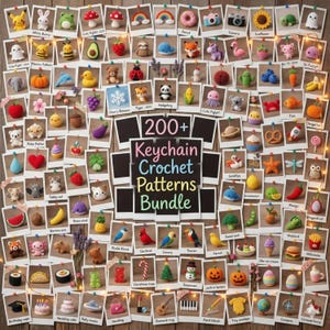 Peut inclure: Une collection de patrons de porte-clés au crochet, avec divers motifs tels que des animaux, de la nourriture et des objets. L'image comprend un affichage central avec le texte "200+ Keychain Crochet Patterns Bundle."