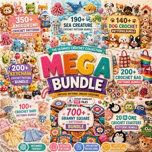 May include: A vibrant image showcasing a crochet mega bundle with various patterns. The image features amigurumi, sea creatures, dog, keychain, baby, bag, granny square, and coaster patterns. The text includes "MEGA BUNDLE" and "INSTANT DOWNLOAD PDF FILES".