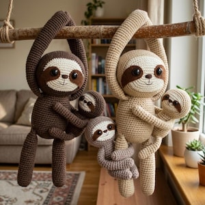 May include: Two large crocheted sloth toys hanging from a wooden branch, each holding a smaller baby sloth. The left sloth is dark brown with a cream face, while the right sloth is light beige with a cream face. Both have dark brown eye patches.