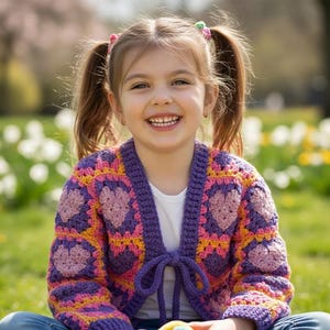 Può includere: Una bambina sorride, indossa un cardigan all'uncinetto fatto a mano. Il cardigan presenta un motivo a cuore nei toni del viola, rosa e giallo, con rifiniture e chiusura a fiocco viola. Lo sfondo è una scena sfocata all'aperto con vegetazione.
