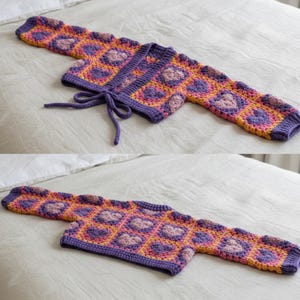 Patrón de cárdigan de ganchillo con cuadrados de corazones para abuela – Suéter estilo boho con patchwork de corazones, diferentes tallas (descarga digital en PDF)
