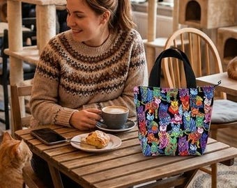 Cats Quilted  Tote Bag-Small Purse-Small Tote Bag-Small Lunch Bag-Quilted Tote Bag-Kitty Cat Bag-Rainbow Lunch Bag-Cat Lover Tote