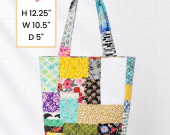 4 Pocket Quilted Patchwork Tote Bag | Upcycled Fabric Handbag | Indie Boho Tote Bag | Large Everyday Tote with Pockets | Handmade Patchwork