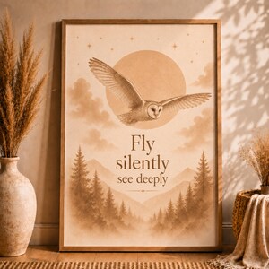 Op de afbeelding: Een rechthoekige ingelijste wandprint in sepiatinten met een kerkuil in vlucht voor een grote ronde maan. Onder de uil staat de tekst Fly silently see deeply, geplaatst boven een landschap van dennenbomen en verre bergen.