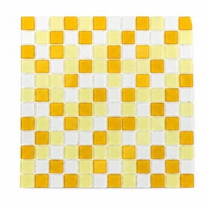 May include: A square mosaic tile sheet featuring a repeating grid pattern of small, individual glass tiles in alternating shades of bright yellow, pale lemon yellow, and translucent white, arranged in a uniform checkerboard-style layout.