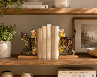 Wormgat kat boekensteunen met gebrandschilderd glas:-cadeau voor kattenliefhebbers cadeau boekenliefhebber, boekenplankdecor