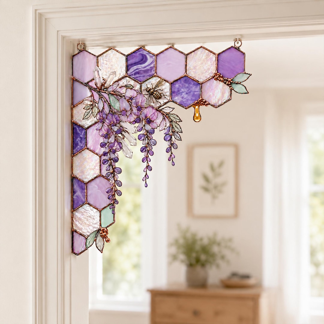 Honeycomb Corner Suncatcher, Bee Stained Glass Window Hanging, Purple Floral Window corner Decor, Cottagecore Gift