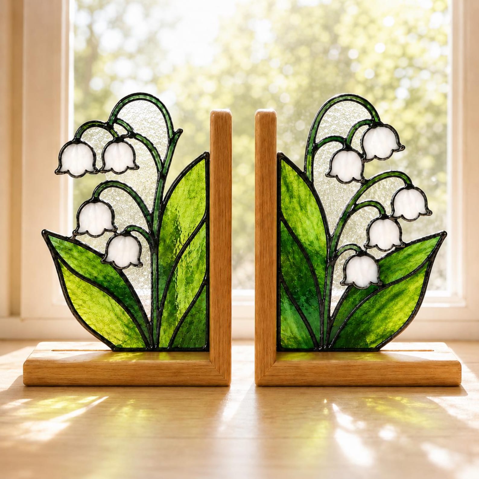 Lily of the Valley Glass Bookends Left & Right