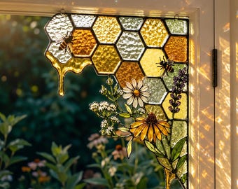 Esquina de ventana con diseño de panal de abejas en vidrieras, atrapasoles de esquina con forma de colmena, decoración de abejas estilo cottagecore, regalo para amantes de la naturaleza.