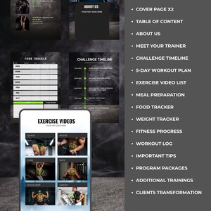 K&ouml;nnte beinhalten: Digitales Fitness-E-Book mit dunkelgrauem Hintergrund. Das E-Book enth&auml;lt einen 21-seitigen Leitfaden mit Abschnitten zu Trainingspl&auml;nen, Ern&auml;hrungstrackern und Kundentransformationen. Das Bild zeigt auch Trainingsvideos.