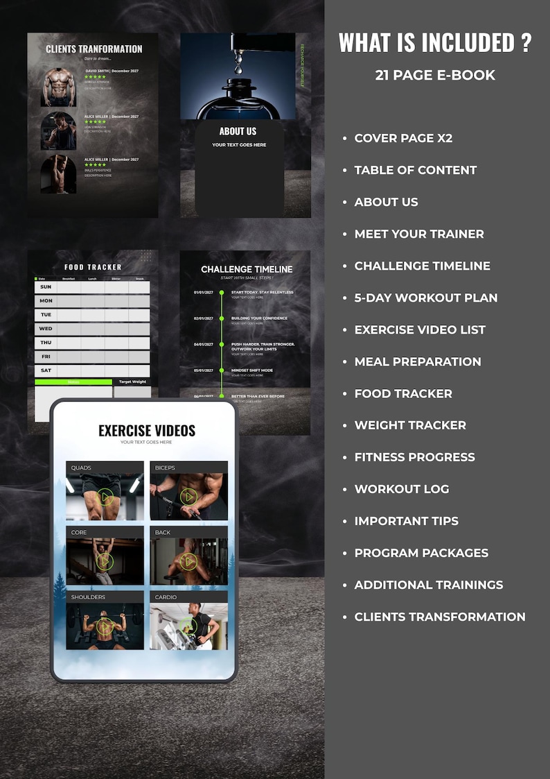 K&ouml;nnte beinhalten: Digitales Fitness-E-Book mit dunkelgrauem Hintergrund. Das E-Book enth&auml;lt einen 21-seitigen Leitfaden mit Abschnitten zu Trainingspl&auml;nen, Ern&auml;hrungstrackern und Kundentransformationen. Das Bild zeigt auch Trainingsvideos.