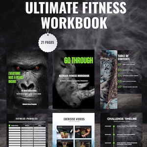 K&ouml;nnte beinhalten: Ein Fitness-Workbook mit dem Titel "Ultimate Fitness Workbook" und dem Text "Fully Editable" oben. Das Cover zeigt einen Gorilla, ein Nashorn und einen Tiger. Das Workbook enth&auml;lt Abschnitte zu Fitnessfortschritten, Trainingsvideos und einer Challenge-Zeitleiste.